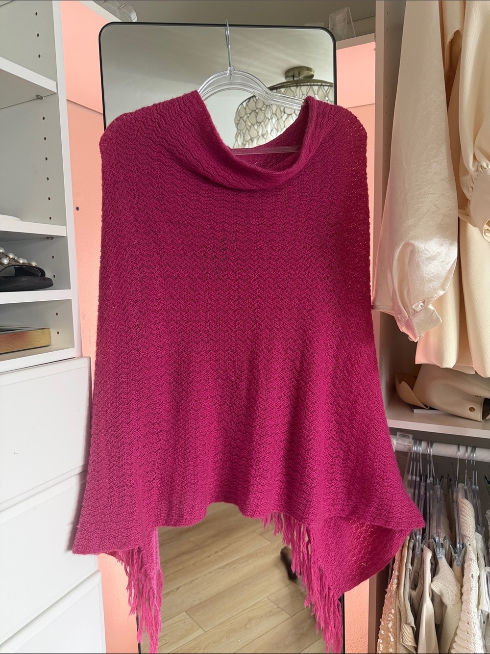 BNWOT ALPACA Magenta Fringe Knit Poncho with Cowl Neck